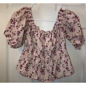 Celebrity Pink Cropped Cottagecore Floral Puff Sleeve Blouse Top Womens Size M